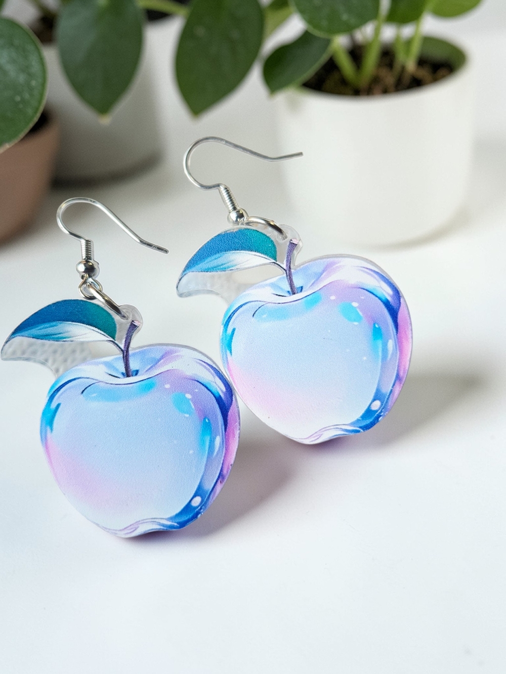 Holographic Apple Earrings – Iridescent Pastel Fruit Dangle Jewelry